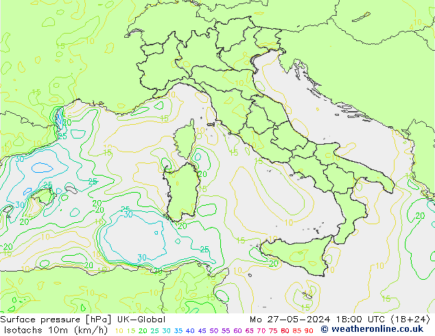 Isotachen (km/h) UK-Global ma 27.05.2024 18 UTC