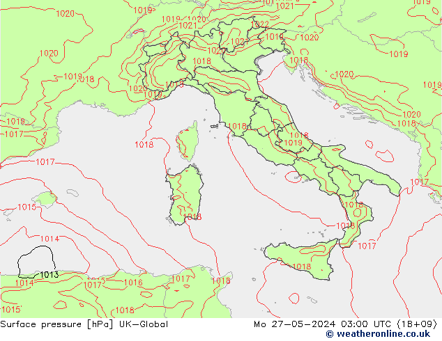 Surface pressure UK-Global Mo 27.05.2024 03 UTC