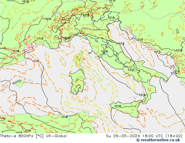 Theta-e 850hPa UK-Global dom 26.05.2024 18 UTC