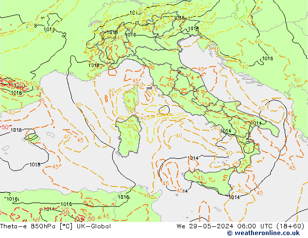 Theta-e 850hPa UK-Global We 29.05.2024 06 UTC