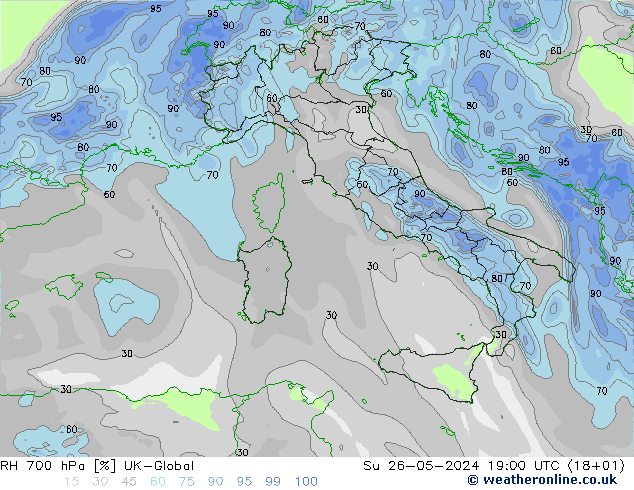 RH 700 hPa UK-Global dom 26.05.2024 19 UTC