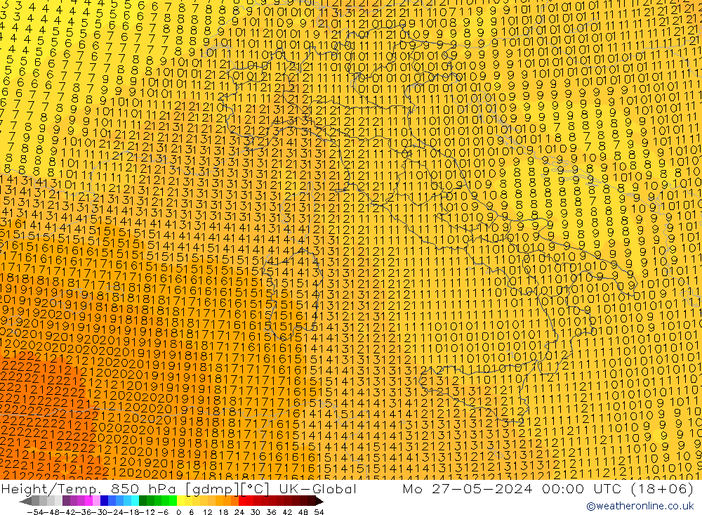 Height/Temp. 850 hPa UK-Global Mo 27.05.2024 00 UTC