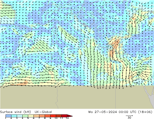 Vent 10 m (bft) UK-Global lun 27.05.2024 00 UTC