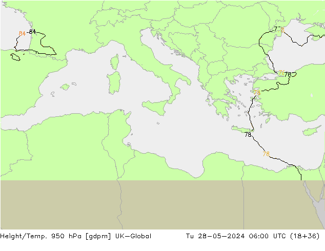 Height/Temp. 950 hPa UK-Global mar 28.05.2024 06 UTC