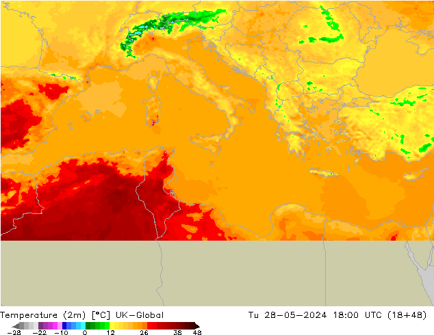 Sıcaklık Haritası (2m) UK-Global Sa 28.05.2024 18 UTC