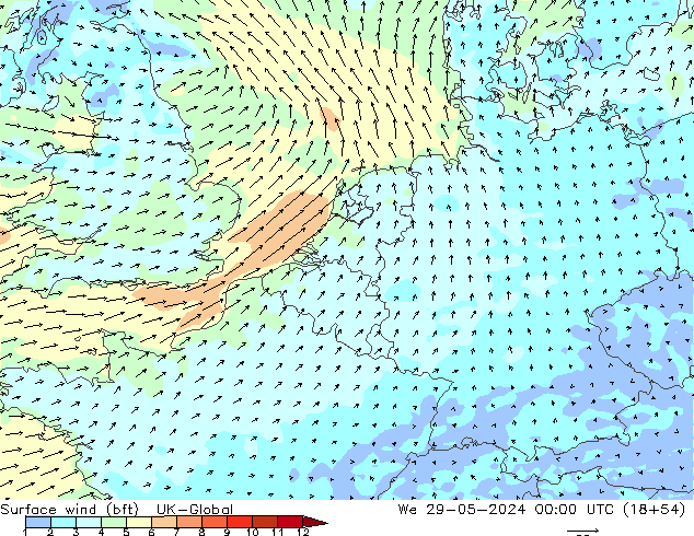 Vento 10 m (bft) UK-Global Qua 29.05.2024 00 UTC