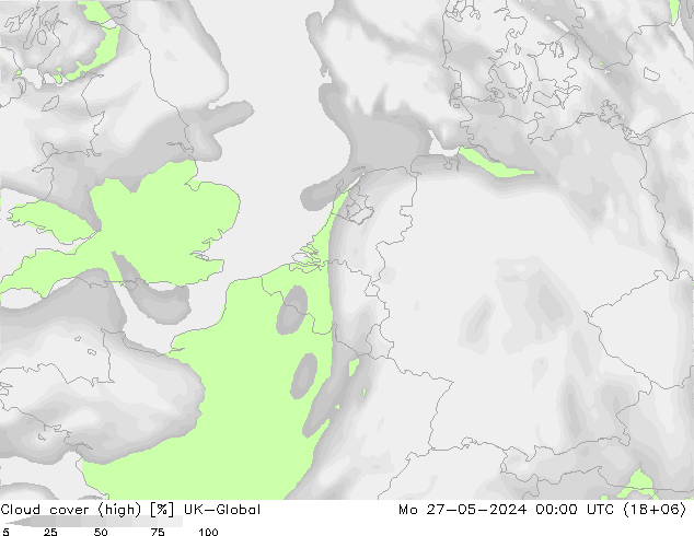 Cloud cover (high) UK-Global Mo 27.05.2024 00 UTC