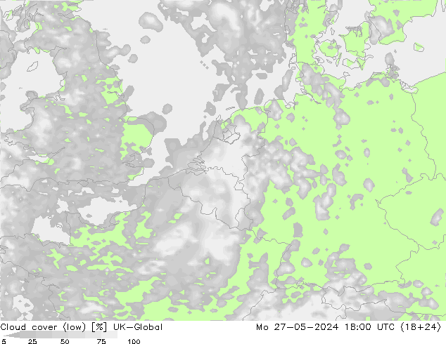 Cloud cover (low) UK-Global Mo 27.05.2024 18 UTC