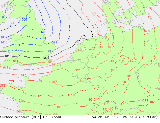 Pressione al suolo UK-Global dom 26.05.2024 20 UTC