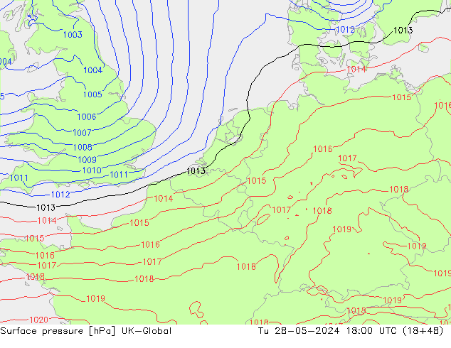 Surface pressure UK-Global Tu 28.05.2024 18 UTC