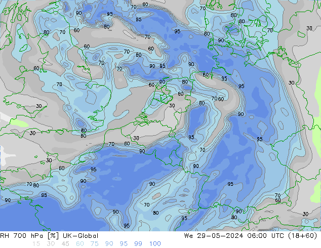 RH 700 гПа UK-Global ср 29.05.2024 06 UTC