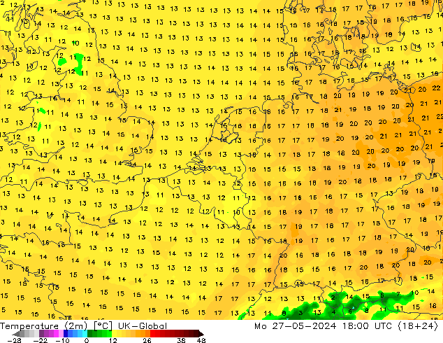 Temperatuurkaart (2m) UK-Global ma 27.05.2024 18 UTC