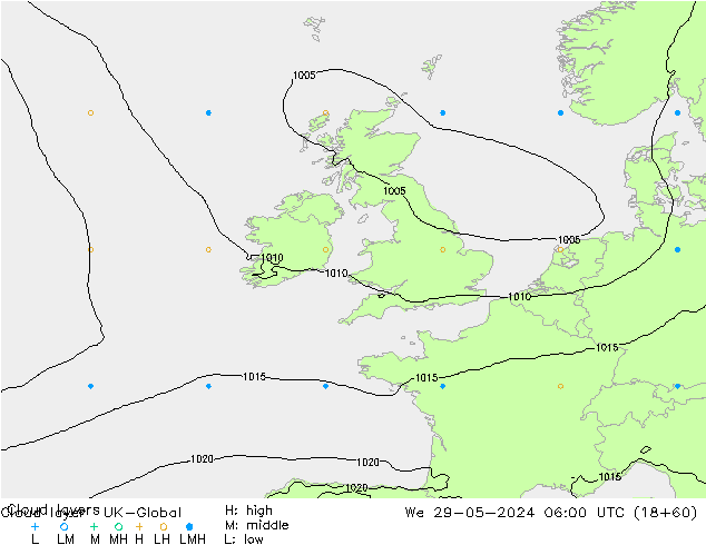 Cloud layer UK-Global mié 29.05.2024 06 UTC