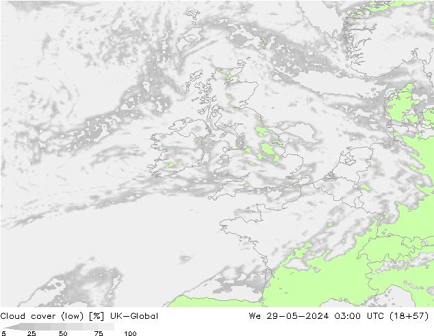 Cloud cover (low) UK-Global We 29.05.2024 03 UTC