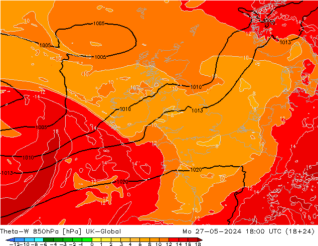 Theta-W 850hPa UK-Global Po 27.05.2024 18 UTC