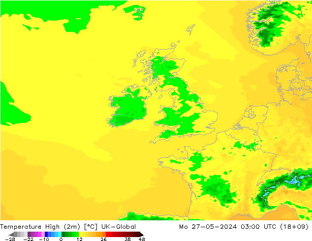 Temp. massima (2m) UK-Global lun 27.05.2024 03 UTC