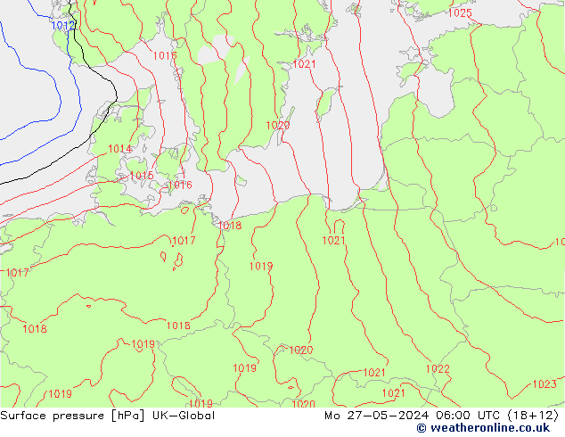 Surface pressure UK-Global Mo 27.05.2024 06 UTC