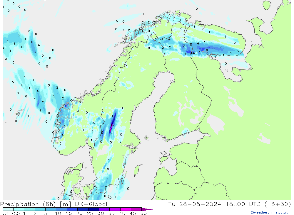 осадки (6h) UK-Global вт 28.05.2024 00 UTC