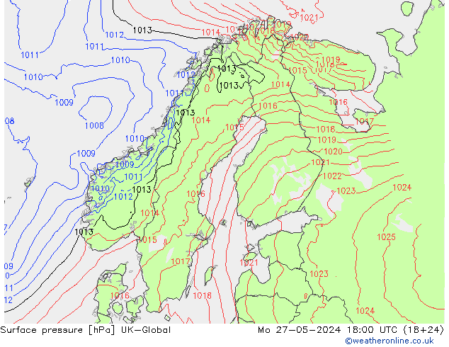 Surface pressure UK-Global Mo 27.05.2024 18 UTC