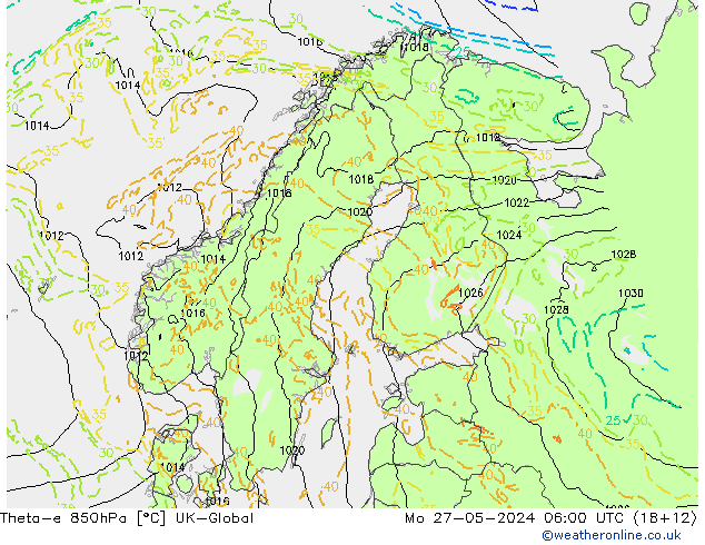 Theta-e 850hPa UK-Global Mo 27.05.2024 06 UTC
