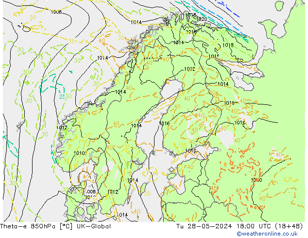 Theta-e 850hPa UK-Global Tu 28.05.2024 18 UTC