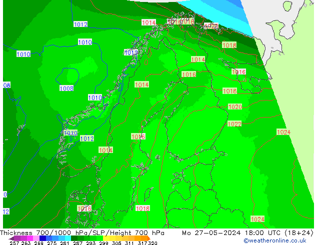 Thck 700-1000 гПа UK-Global пн 27.05.2024 18 UTC