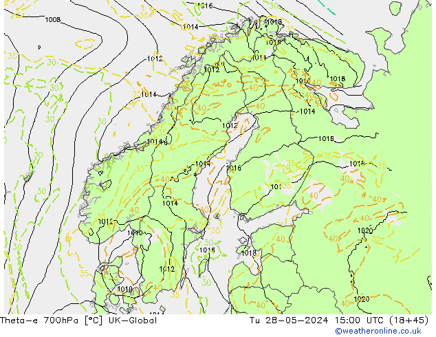 Theta-e 700hPa UK-Global Ter 28.05.2024 15 UTC