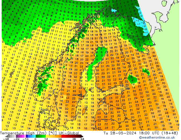 Höchstwerte (2m) UK-Global Di 28.05.2024 18 UTC