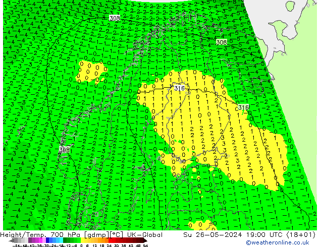 Height/Temp. 700 hPa UK-Global So 26.05.2024 19 UTC