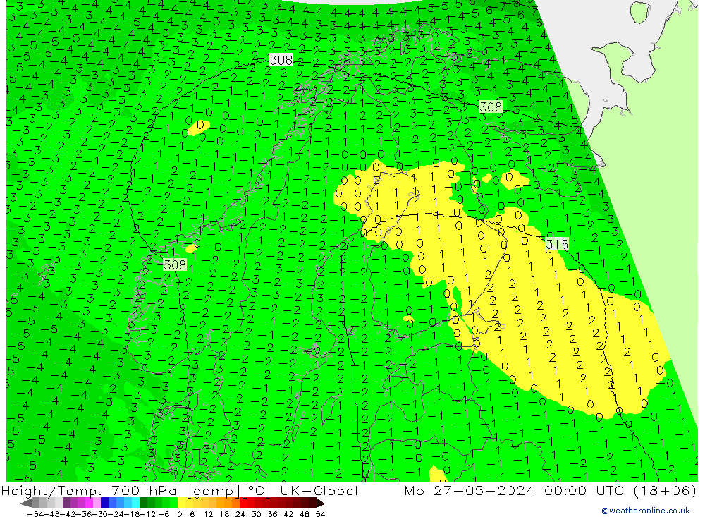 Height/Temp. 700 hPa UK-Global Mo 27.05.2024 00 UTC