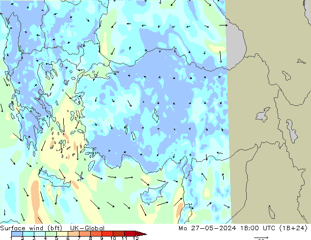 Vent 10 m (bft) UK-Global lun 27.05.2024 18 UTC