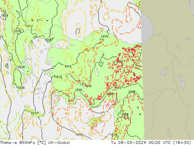 Theta-e 850hPa UK-Global Út 28.05.2024 00 UTC