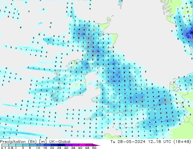 Totale neerslag (6h) UK-Global di 28.05.2024 18 UTC