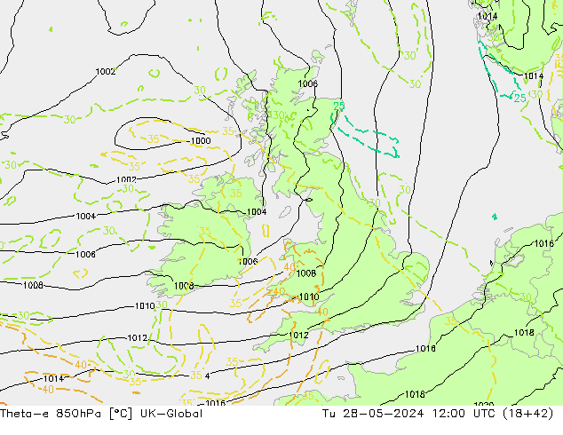 Theta-e 850hPa UK-Global Tu 28.05.2024 12 UTC