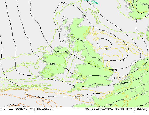 Theta-e 850hPa UK-Global St 29.05.2024 03 UTC