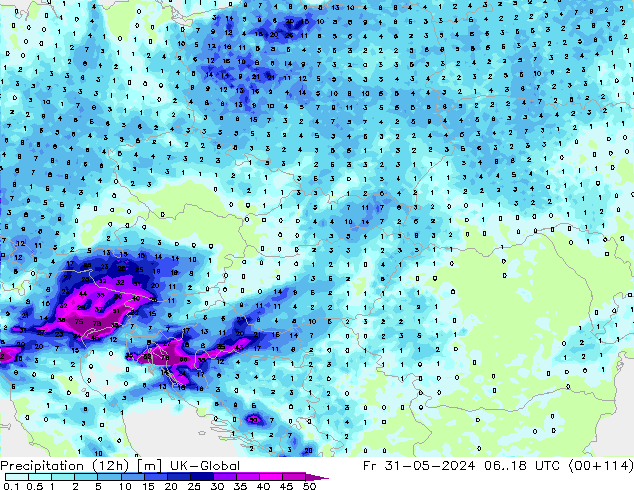 Precipitation (12h) UK-Global Fr 31.05.2024 18 UTC