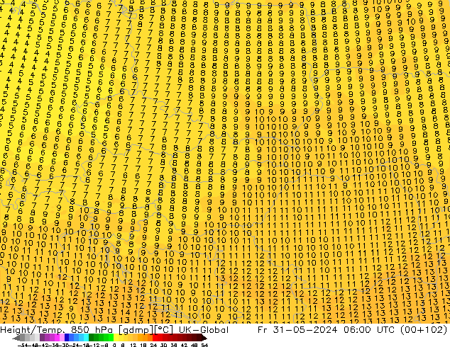 Height/Temp. 850 hPa UK-Global Pá 31.05.2024 06 UTC