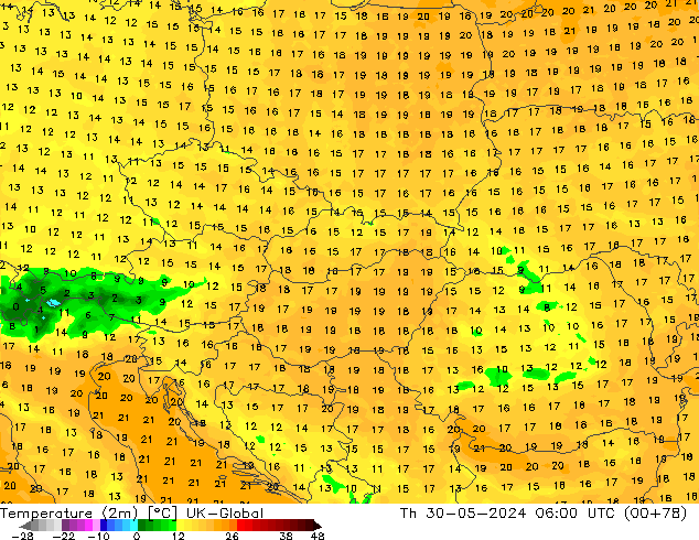 Temperatura (2m) UK-Global Qui 30.05.2024 06 UTC