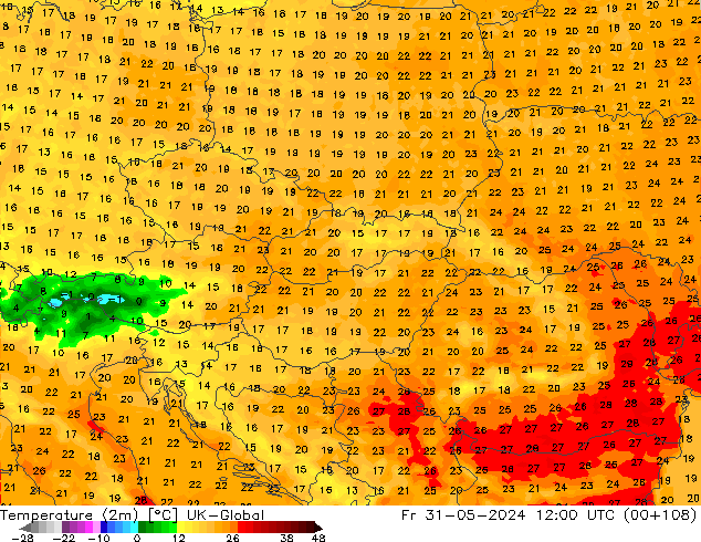 Temperaturkarte (2m) UK-Global Fr 31.05.2024 12 UTC