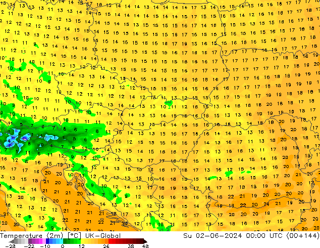 Temperature (2m) UK-Global Su 02.06.2024 00 UTC