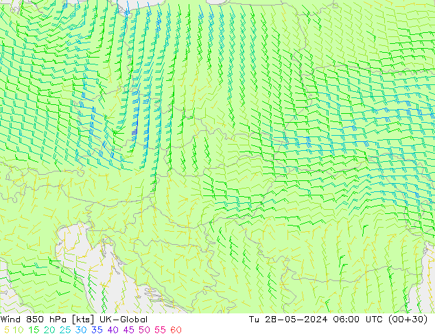 Wind 850 hPa UK-Global di 28.05.2024 06 UTC