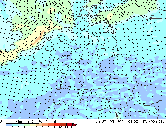 Surface wind (bft) UK-Global Mo 27.05.2024 01 UTC