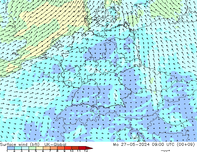 Viento 10 m (bft) UK-Global lun 27.05.2024 09 UTC