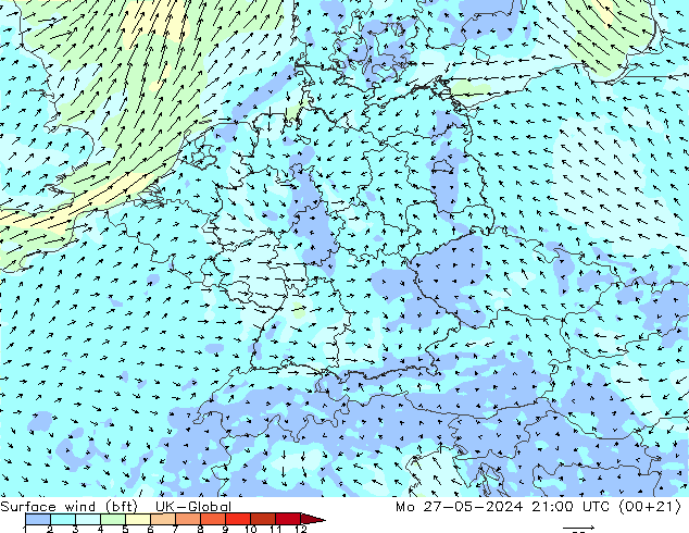 Surface wind (bft) UK-Global Mo 27.05.2024 21 UTC