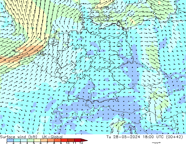 Surface wind (bft) UK-Global Tu 28.05.2024 18 UTC