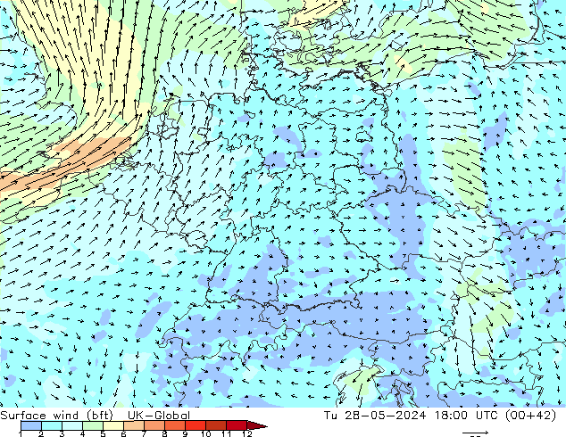 Vento 10 m (bft) UK-Global mar 28.05.2024 18 UTC