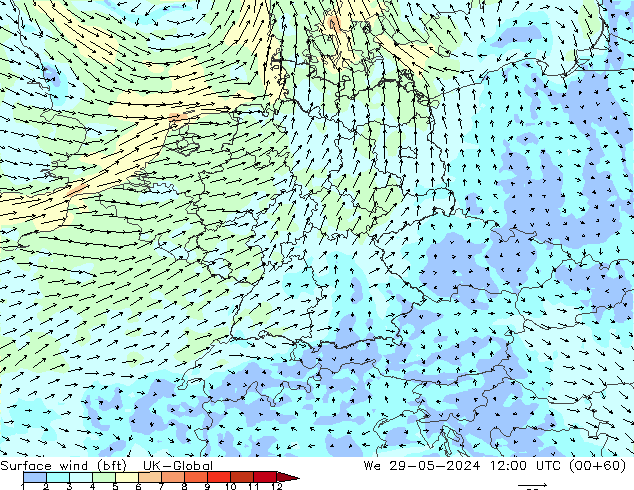 Surface wind (bft) UK-Global We 29.05.2024 12 UTC