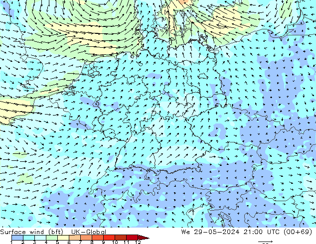 Surface wind (bft) UK-Global We 29.05.2024 21 UTC