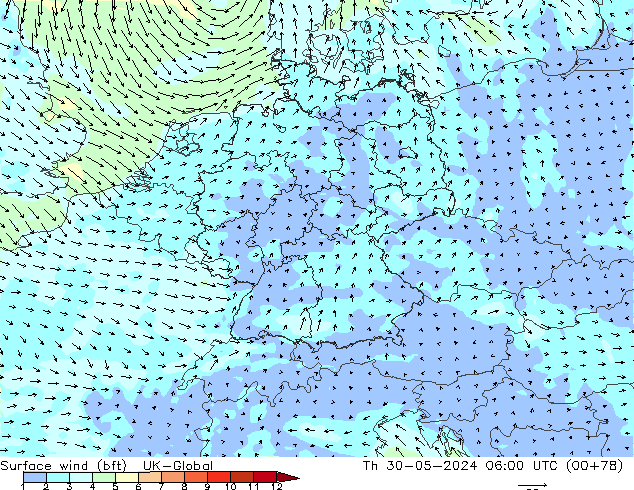 Surface wind (bft) UK-Global Th 30.05.2024 06 UTC