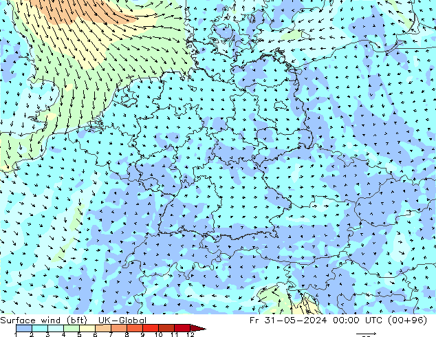 wiatr 10 m (bft) UK-Global pt. 31.05.2024 00 UTC